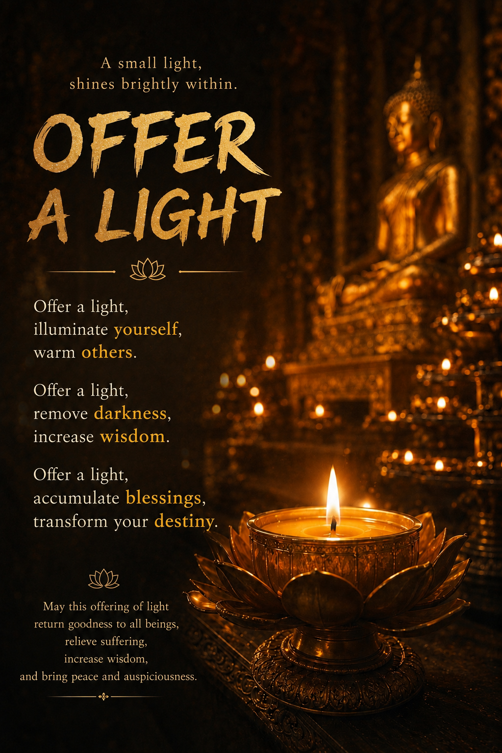 An "Offer a Light" poster — a lit candle offering before a golden Buddha statue