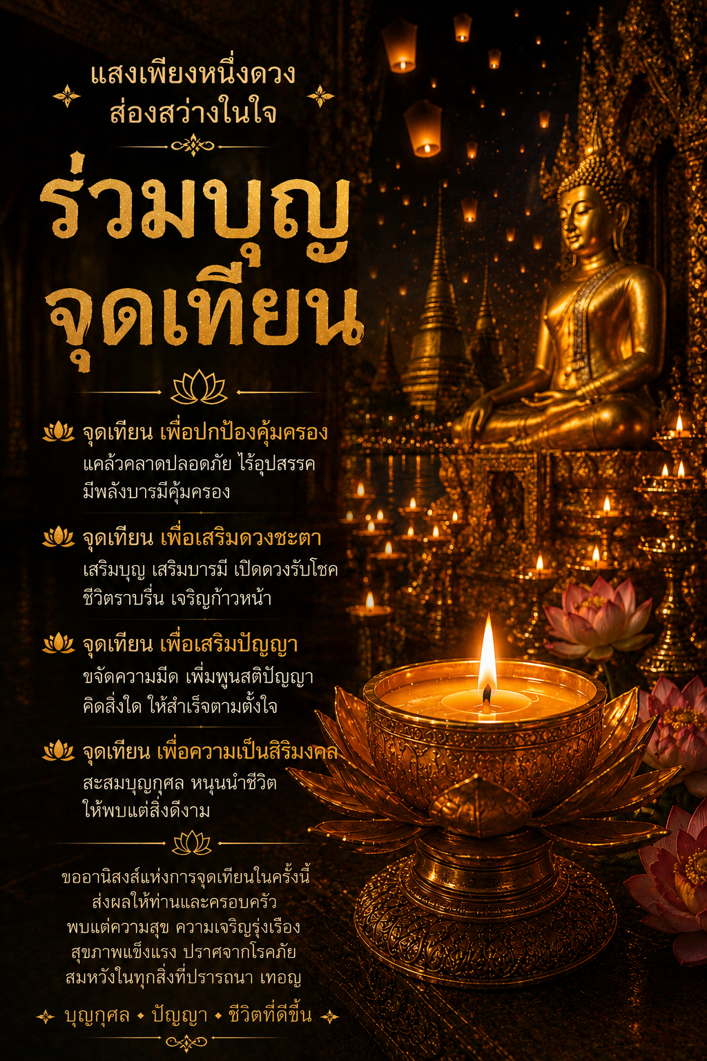 โปสเตอร์ "ร่วมบุญ จุดเทียน" ถวายประทีปหน้าพระพุทธรูปทองคำ