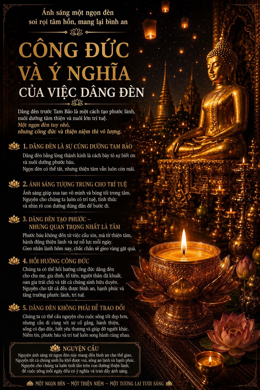 Áp phích "Công Đức Và Ý Nghĩa Của Việc Dâng Đèn" — cảnh dâng đèn trước tượng Phật vàng