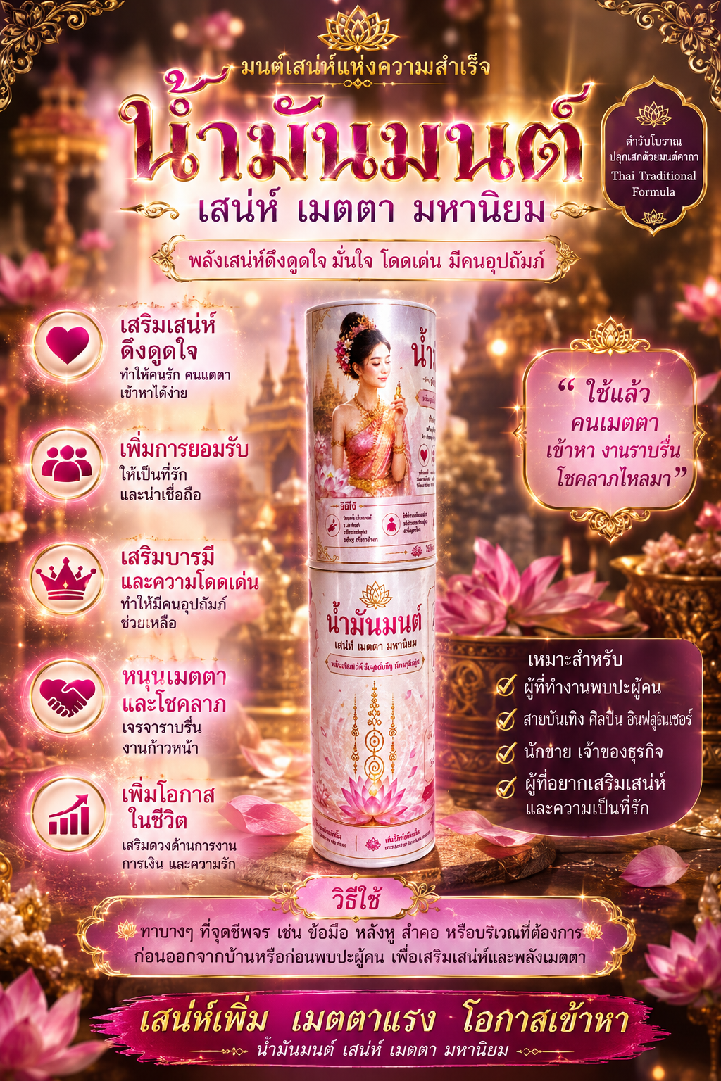 Tinh dầu bùa yêu Sanae Metta Mahaniyom, bùa Thái Lan tăng vận duyên và may mắn, chai đặt trên nền hồng