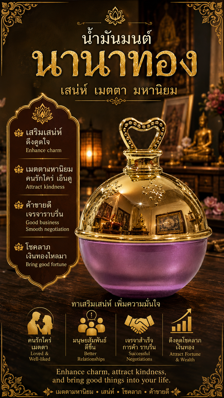 Sáp thơm bùa Nanathong hũ vàng nắp hình trái tim, bùa hộ mệnh Thái Lan tăng sức hút, lòng quý mến và buôn bán thuận lợi